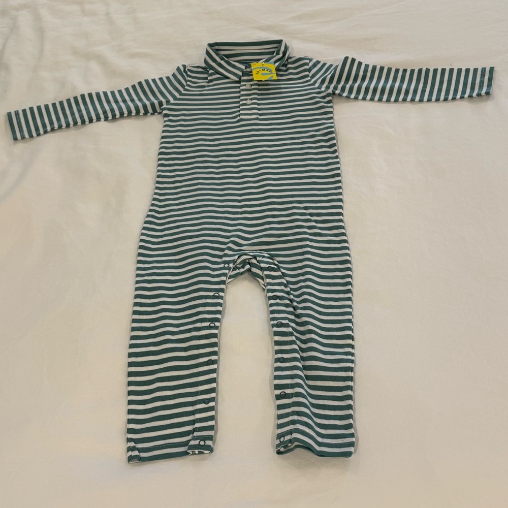 Primary baby long sleeve polo romper in mini stripe - sunwashed teal/ivory